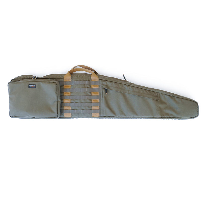 A ranger green precision rifle bag with pockets, and molle compatible to attach gear, designed to transport and store rifles up to 128cm in length.