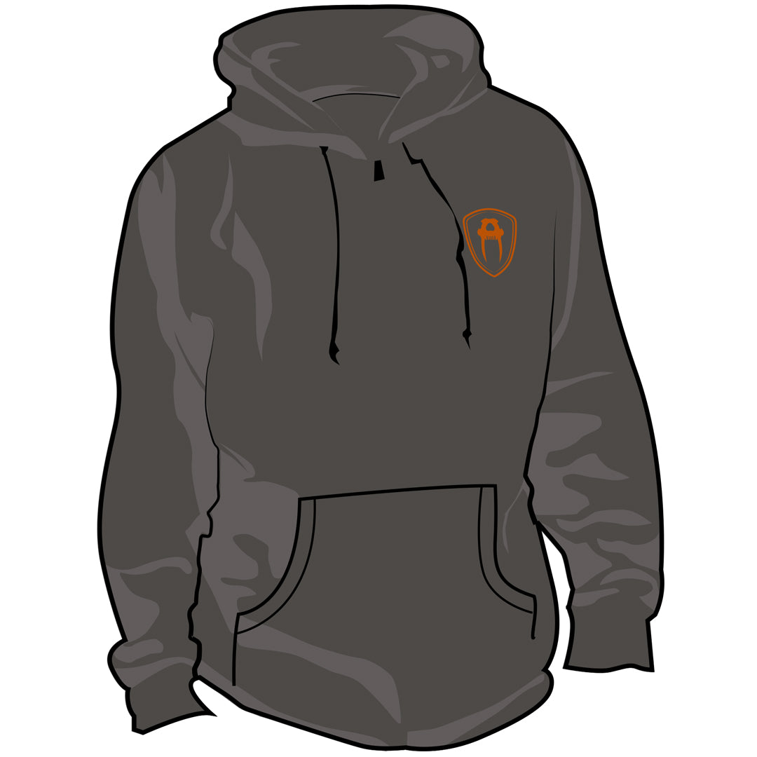 A gray hoodie with a pouch pocket and a small logo on the upper left chest area, featuring a hood and drawstrings.