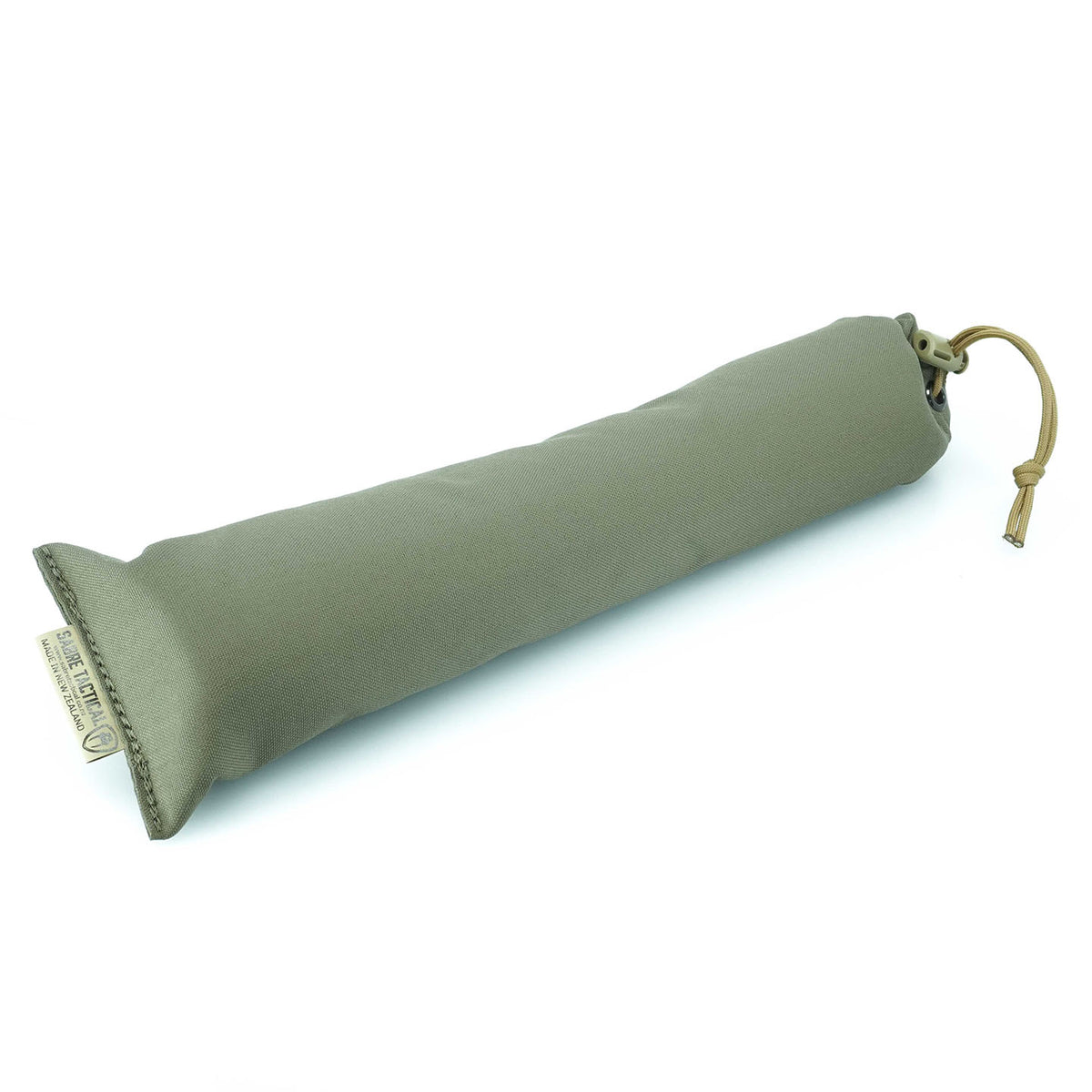 A ranger green suppressor pouch made from 500 denier Cordura fabric, with a soft lining and a drawcord closure.