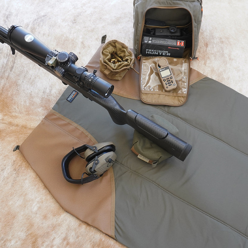 Shooting gear on Sabre Tactical Shooting Mat 