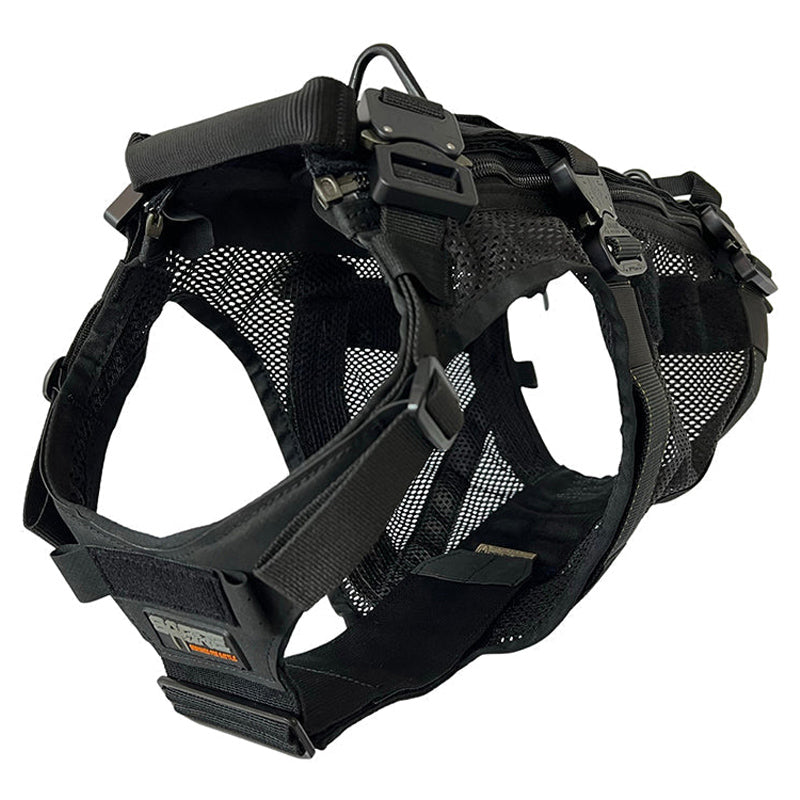 A black tactical K9 harness, featuring heavy duty webbing and mesh, multiple buckles and attachment points.
